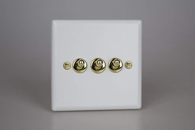 Varilight Vogue Collection Matt White 3 Gang 1 or 2-Way 10 Amp Toggle Switch with Brass Toggle