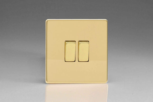 Varilight Flat Plate Screwless Polished Brass 2-Gang Light Switch XDV2S