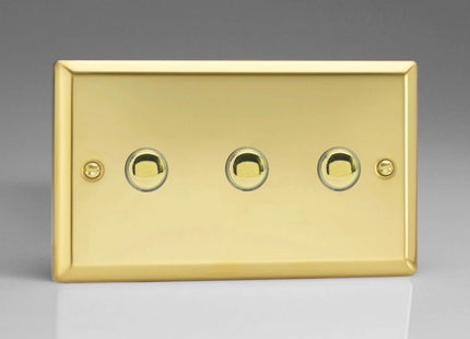 Varilight 3-Gang 6A 1- or 2-Way Push-On/Off Impulse Switch (Twin Plate) Victorian Brass XVP3