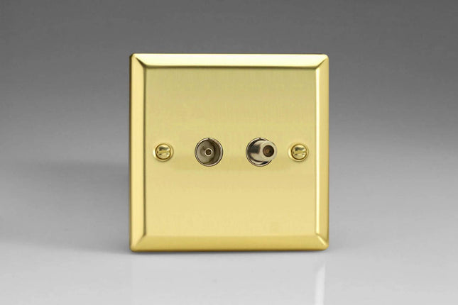 Varilight 2-Gang TV Plug Socket, Co-axial + F-Type Satellite Victorian Brass XV88S