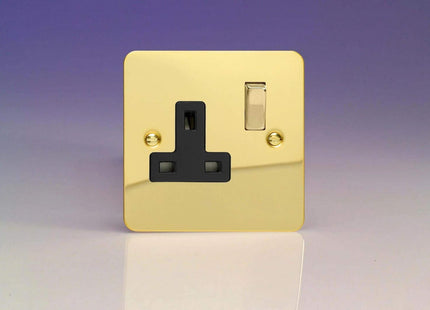 Varilight Ultra Flat Plate Polished Brass 1-Gang 13A Switched Plug Socket Black Insert XFV4DB