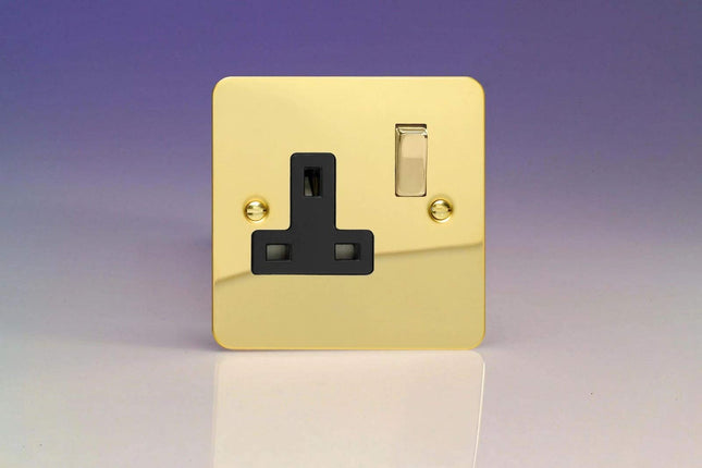Varilight Ultra Flat Plate Polished Brass 1-Gang 13A Switched Plug Socket Black Insert XFV4DB