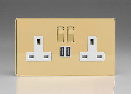 Varilight Flat Plate Screwless Polished Brass 2-Gang 13 Amp Socket + 2x USB Charging Port White Inserts XDV45PNWS