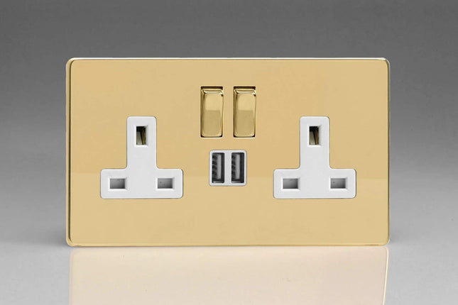 Varilight Flat Plate Screwless Polished Brass 2-Gang 13 Amp Socket + 2x USB Charging Port White Inserts XDV45PNWS
