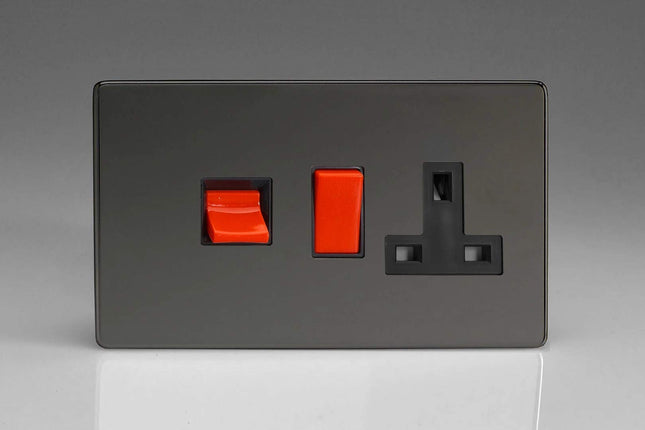 Varilight 45A Cooker Panel with 13A Double Pole Switched Plug Socket Outlet (Red Rocker) Iridium XDI45PBS