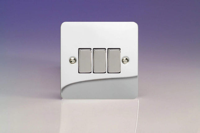 Varilight Ultra Flat Plate Polished Chrome 3 Gang 2 Way 10A Light Switch XFC3D