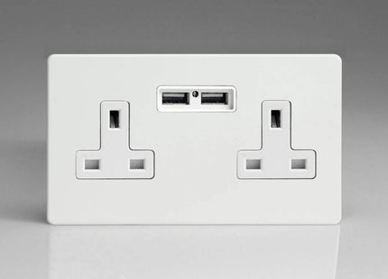 Varilight 2-Gang, 13 Amp Unswitched Socket with 2 Optimised USB Charging Ports, White Insert. Dimension Screwless Brushed Steel