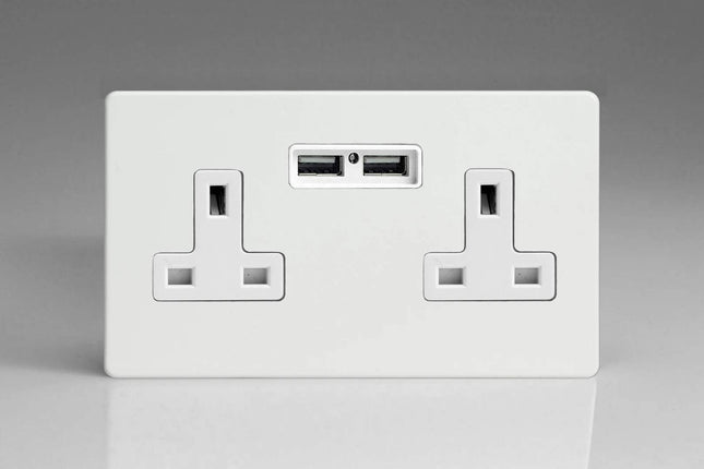 Varilight 2-Gang, 13 Amp Unswitched Socket with 2 Optimised USB Charging Ports, White Insert. Dimension Screwless Brushed Steel