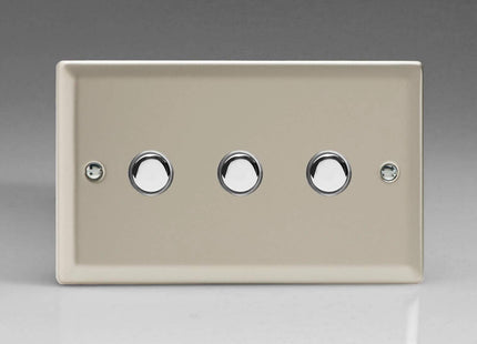 Varilight 3-Gang 6A 1- or 2-Way Push-On/Off Impulse Switch (Twin Plate) Satin Chrome XNP3