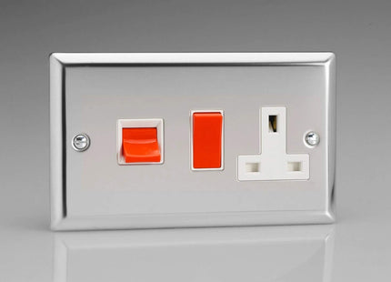 Varilight Classic Polished Chrome 45 Amp Cooker Switch and 13 Amp Switched Plug Socket White Insert XC45PW