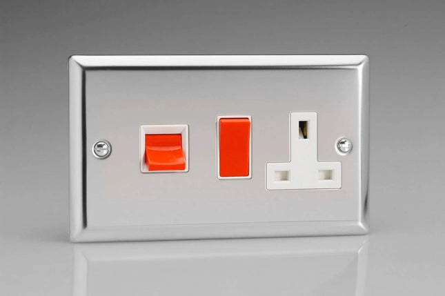 Varilight Classic Polished Chrome 45 Amp Cooker Switch and 13 Amp Switched Plug Socket White Insert XC45PW