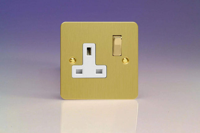 XFB4DW Varilight Ultra Flat Plate Brushed Brass 1-Gang 13A Switched Plug Socket White Insert