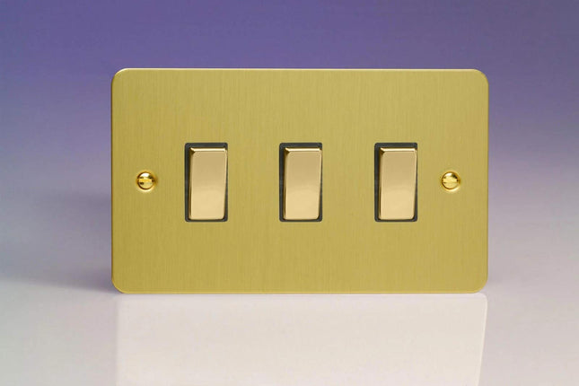 Varilight 3-Gang 10A 1- or 2-Way Rocker Light Switch (Twin Plate) Brushed Brass XFB93D