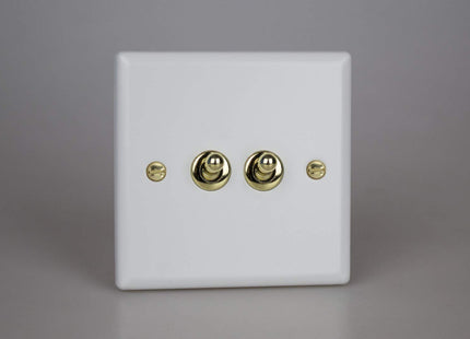 Varilight Vogue Collection Matt White 2-Gang 1 or 2-Way 10 Amp Toggle Switch with Brass Toggle