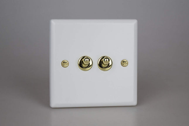 Varilight Vogue Collection Matt White 2-Gang 1 or 2-Way 10 Amp Toggle Switch with Brass Toggle