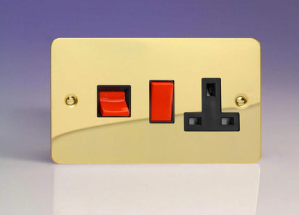 Varilight Ultra Flat Plate Polished Brass 45A Cooker Switch & 13A Plug Socket Black Insert XFV45PB