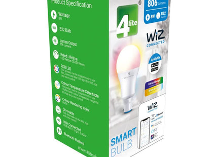 4lite Smart Wiz Connected LED Bulb A60 B22 Bayonet Fitting WiFi/Bluetooth Colour Changing Tuneable White & Dimmable 8w 806lm 4L1/8002