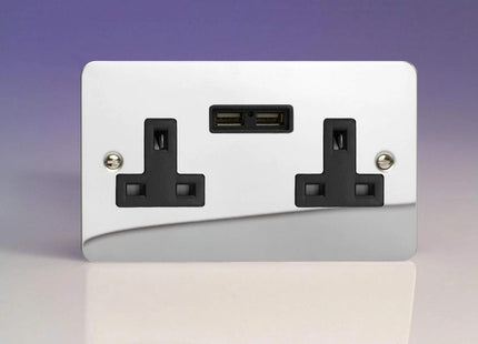 Varilight 2-Gang 13A Unswitched Plug Socket + 2 5V DC 2100mA USB Charging Ports Polished Chrome XFC5U2B