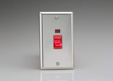 Varilight 45A Cooker Switch + Neon (Vertical Twin Plate, Red Rocker)