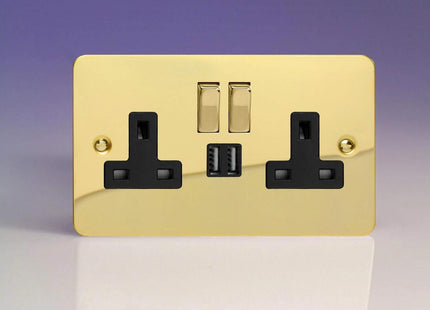 Varilight Ultra Flat Polished Brass 2-Gang 13 Amp Socket + 2x USB Charging Port Black Inserts