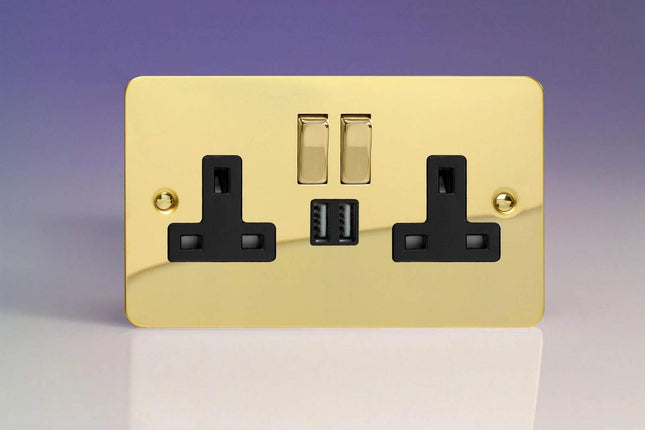 Varilight Ultra Flat Polished Brass 2-Gang 13 Amp Socket + 2x USB Charging Port Black Inserts