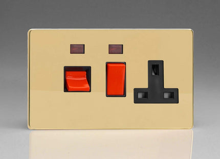 Varilight Flat Plate Screwless Polished Brass 45A Cooker Switch & 13A Plug Socket with Neon Black Insert XDV45PNBS