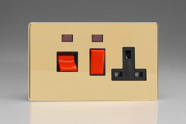 Varilight Flat Plate Screwless Polished Brass 45A Cooker Switch & 13A Plug Socket with Neon Black Insert XDV45PNBS