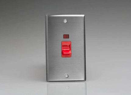 Varilight XT45N Classic Brushed Steel 45A DP Cooker Switch Vertical Twin Plate + Neon