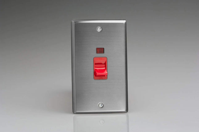 Varilight XT45N Classic Brushed Steel 45A DP Cooker Switch Vertical Twin Plate + Neon