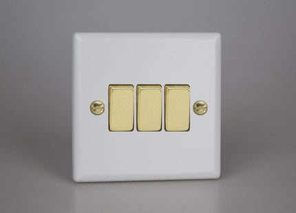 Varilight Vogue Collection Matt White 3 Gang 1 or 2-Way 10 Amp Switch with Brass Rocker