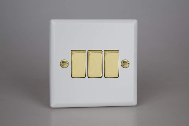 Varilight Vogue Collection Matt White 3 Gang 1 or 2-Way 10 Amp Switch with Brass Rocker