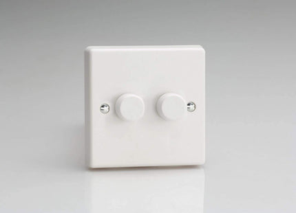 Varilight 2-Gang 1 Way 2x250 Watt Standard Dimmer Switch Classic White Plastic with White Knobs HQ2W, 85x85x44mm