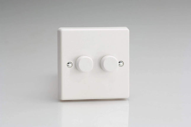 Varilight 2-Gang 1 Way 2x250 Watt Standard Dimmer Switch Classic White Plastic with White Knobs HQ2W, 85x85x44mm