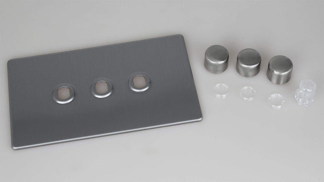 Varilight Screwless Brushed Steel 3 Gang Rotary Dimmer Matrix Kit