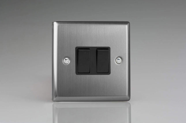 Varilight XT71B Classic Brushed Steel 2-Gang 10A Rocker Light Switch (1 x Intermediate 1 x 2W)