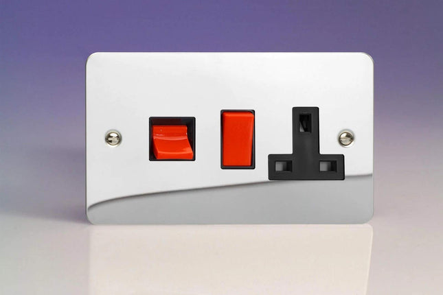 Varilight 45A Cooker Panel with 13A Double Pole Switched Plug Socket Outlet (Red Rocker) Polished Chrome XFC45PB
