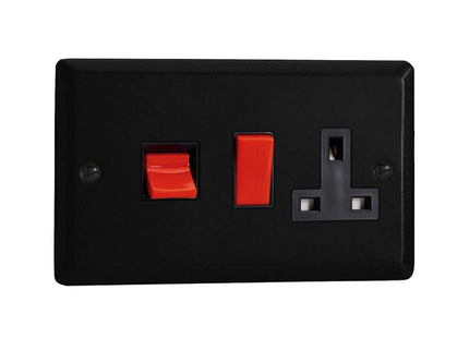 Varilight Urban Matt Black Cooker Panel with 45 Amp Red Cooker Switch and 13A Switched Socket Black Insert