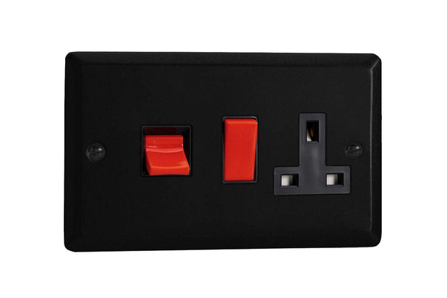 Varilight Urban Matt Black Cooker Panel with 45 Amp Red Cooker Switch and 13A Switched Socket Black Insert