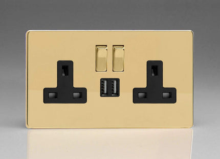 Varilight Flat Plate Screwless Polished Brass 2-Gang 13 Amp Socket + 2x USB Charging Port Black Inserts