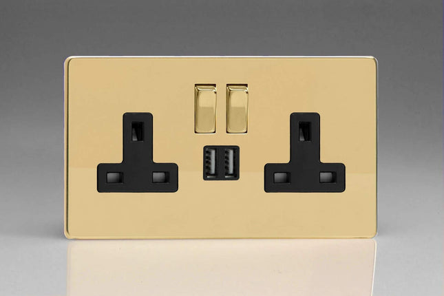 Varilight Flat Plate Screwless Polished Brass 2-Gang 13 Amp Socket + 2x USB Charging Port Black Inserts