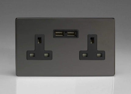 Varilight 2-Gang, 13 Amp Unswitched Socket with 2 Optimised USB Charging Ports, Black Insert. Dimension Screwless Iridium Black