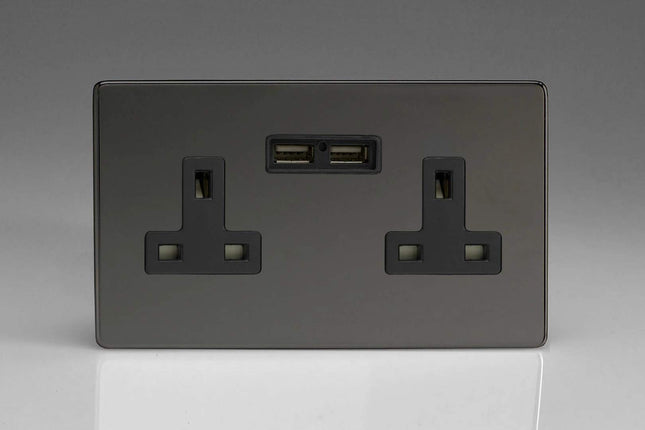 Varilight 2-Gang, 13 Amp Unswitched Socket with 2 Optimised USB Charging Ports, Black Insert. Dimension Screwless Iridium Black