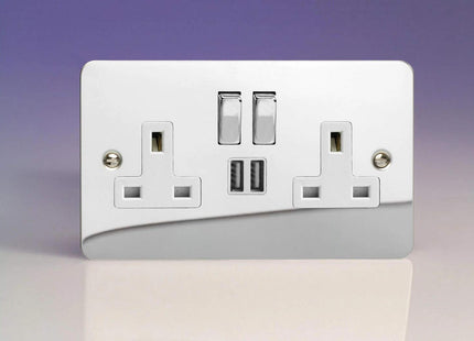 Varilight Ultra Flat Polished Chrome 2-Gang 13 Amp Socket + 2x USB Charging Port White Inserts