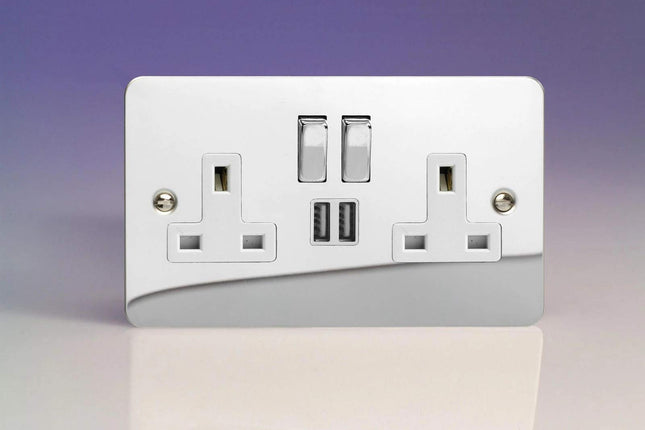 Varilight Ultra Flat Polished Chrome 2-Gang 13 Amp Socket + 2x USB Charging Port White Inserts