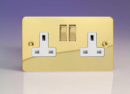Varilight Ultra Flat Plate Polished Brass 2-Gang 13A Switched Plug Socket White Insert XFV5DW