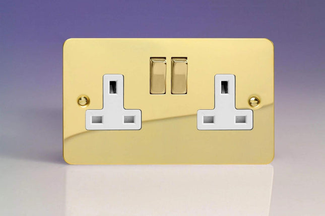 Varilight Ultra Flat Plate Polished Brass 2-Gang 13A Switched Plug Socket White Insert XFV5DW