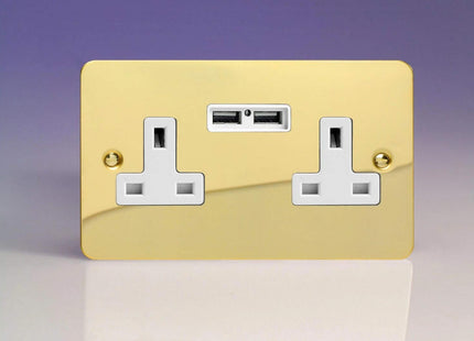 Varilight 2-Gang 13A Unswitched Plug Socket + 2 5V DC 2100mA USB Charging Ports Polished Brass XFV5U2W