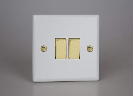 Varilight Vogue Collection Matt White 2-Gang 1 or 2-Way 10 Amp Switch with Brass Rockers