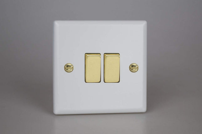 Varilight Vogue Collection Matt White 2-Gang 1 or 2-Way 10 Amp Switch with Brass Rockers