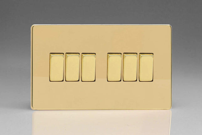 Varilight 6-Gang 10A 1- or 2-Way Rocker Light Switch (Twin Plate) Polished Brass XDV96S